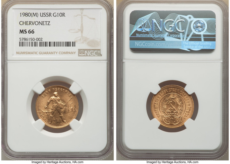 R.S.F.S.R. gold Chervonetz (10 Roubles) 1980-(M) MS66 NGC, Moscow mint, KM-Y85. ...