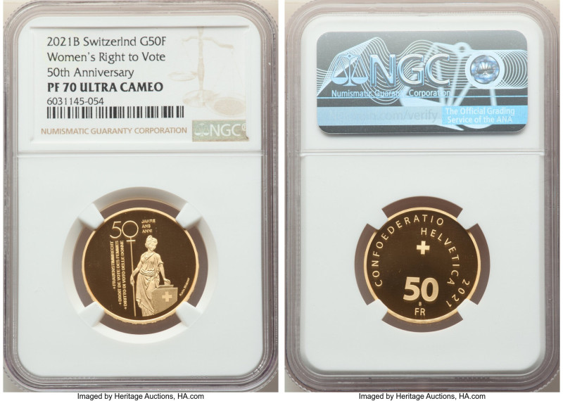 Confederation gold Proof "Women's Suffrage" 50 Francs 2021-B PR70 Ultra Cameo NG...