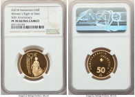 Confederation gold Proof "Women's Suffrage" 50 Francs 2021-B PR70 Ultra Cameo NGC, Bern mint, KM-Unl. Struck to commemorate the 50th anniversary of wo...