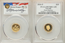 Elizabeth II gold "Pearl Harbor" 15 Dollars (1/10 oz) 2016-P PR70 Deep Cameo PCGS, Perth mint, KM-Unl. Reagan Legacy series. Struck to commemorate the...