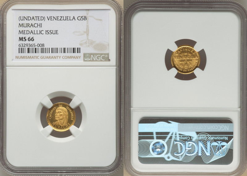 Republic gold "Murachi" Medallic 5 Bolivares ND (1962) MS66 NGC, KM-XMB131. 16th...