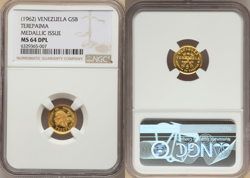 Republic gold "Terepaima" Medallic 5 Bolivares ND (1962) MS64 Deep Prooflike NGC...