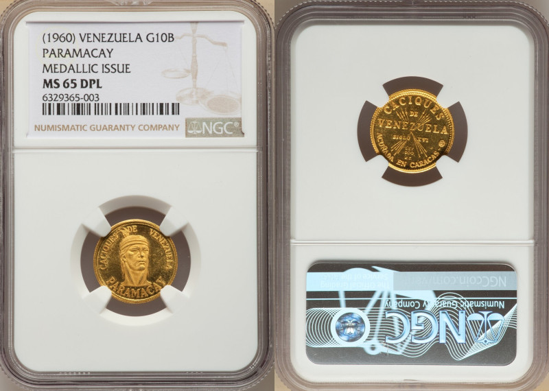 Republic gold "Paramacay" Medallic 10 Bolivares ND (1960) MS65 Deep Prooflike NG...