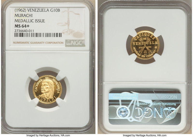 Republic gold "Murachi" Medallic 10 Bolivares ND (1962) MS64+ NGC, KM-XMB149. 16...