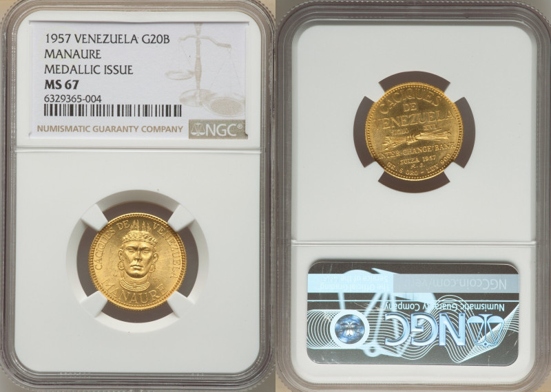 Republic gold "Manaure" Medallic 20 Bolivares 1957 MS67 NGC, KM-XMB98. 16th Cent...