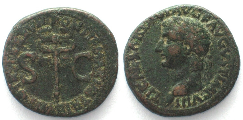 TIBERIUS. AE As 34-35 AD, Caduceus between S-C 
TI CAESAR DIVI AVG F AVGVST IMP...