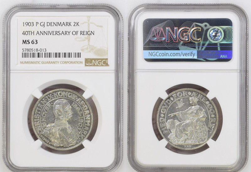 DENMARK. 2 Kroner 1903 40th Ann. of Reign, CHRISTIAN IX, silver, NGC MS 63
KM #...