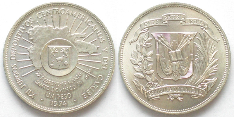 DOMINICAN REPUBLIC. 1 Peso 1974, 12th Central American and Caribbean Games, silv...