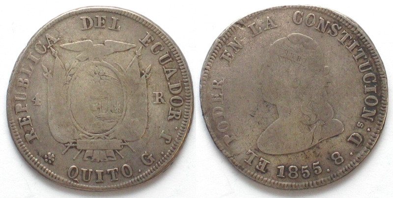 ECUADOR. 4 Reales 1855 GJ, silver, aVF
KM # 37. As usually weakly struck.