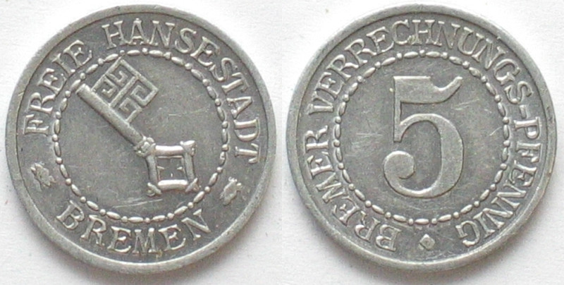 BREMEN. Reckoning Token, 5 Verrechnungs-Pfennig ND(1924), Alu, AU
BREMEN. 5 Bre...