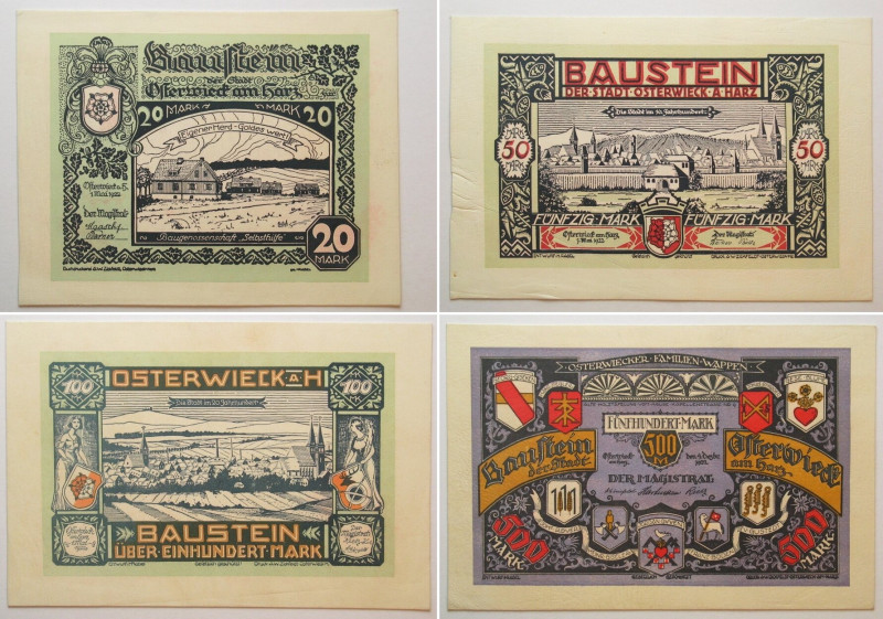 Osterwieck. Set Leather Money 20, 50, 100, 500 Mark 1.5.1922
4 Banknoten Satz a...