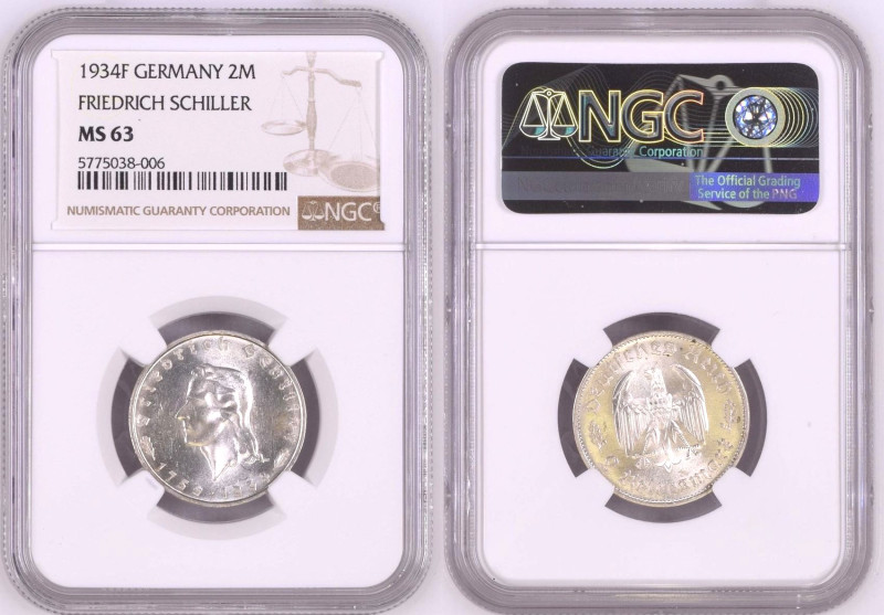 GERMANY. THIRD REICH, 2 Mark 1934 F, SCHILLER, silver, NGC MS 63
Jaeger 358