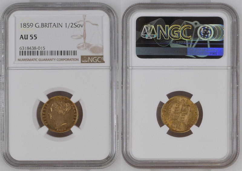 GREAT BRITAIN. 1/2 Sovereign 1859, VICTORIA, gold NGC AU 55
KM # 735.1, Weight:...