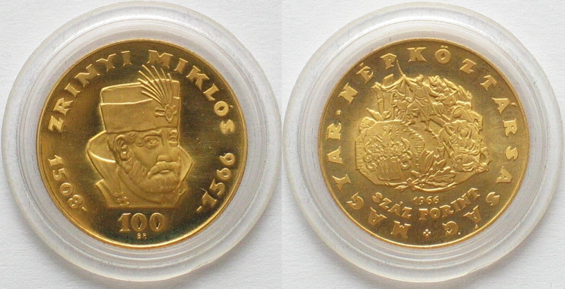 HUNGARY. 100 Forint 1966, MIKLOS ZRINYI, gold Proof
KM # 569. Gold Weight: 8.41...