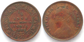 INDIA. Dewas, Senior Branch, 1/4 Anna 1888, Narayo Rao, Victoria, copper, AU!
KM # 12.