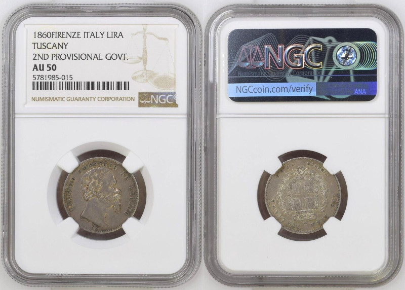 EMILIA 1 Lira 1860 Firenze, VITTORIO EMANUELE II, silver, NGC AU 50
KM # 9