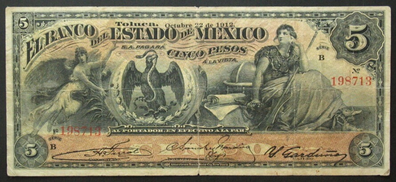 MEXICO. Banco del Estado de Mexico. 5 Pesos 22.10.1912, Serie B, Fine
P # S329c...