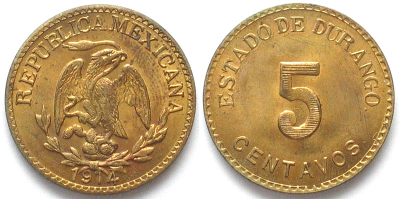 MEXICO. Revolutionary, Durango, 5 Centavos 1914, brass, UNC!
KM # 634, scarce i...