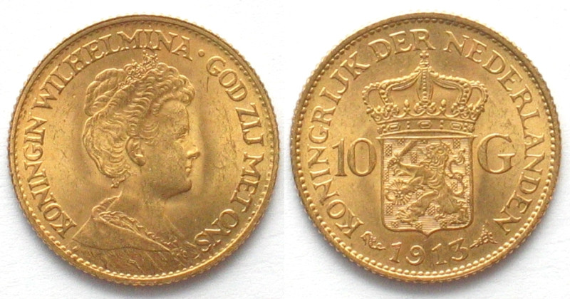 NETHERLANDS. 10 Gulden 1913, WILHELMINA, gold, BU!
KM # 149, Weight: 6.73 g Fin...