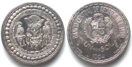 PERU. Nuevo Sol 1994, Pre-Inca Moche Cultural Artifacts - Senor di Sipan, silver, Proof.
KM # 311. Nice toning!