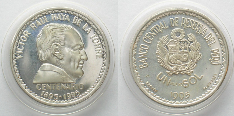 PERU. Nuevo Sol 1995, Haya de la Torre, silver, Proof.
KM # 318. Weight: 33.63 ...