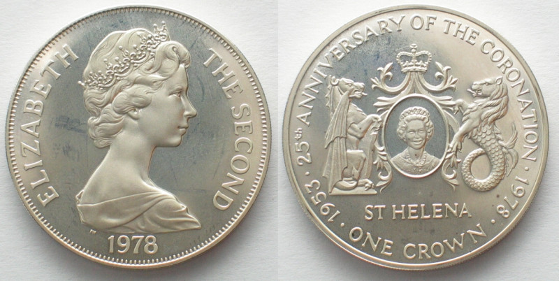 ST. HELENA. Crown 1978, 25th Anniversary of the Coronation, Elizabeth II, silver...