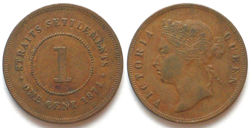 STRAITS SETTLEMENTS. Cent 1874, Victoria, copper, AU!
KM # 9