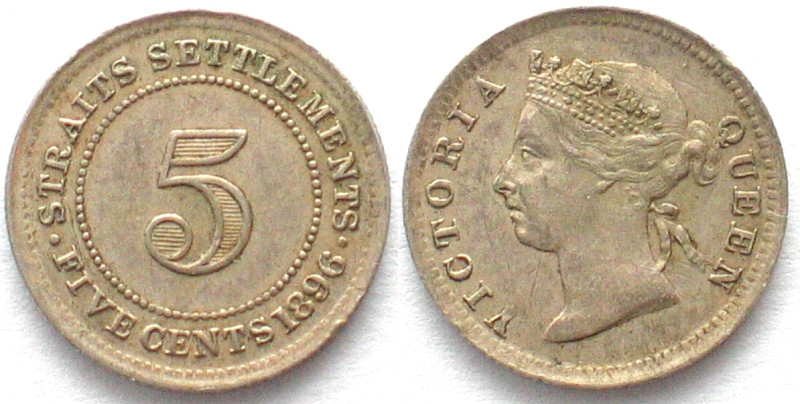 STRAITS SETTLEMENTS. 5 Cents 1896, Victoria, silver, AU
KM # 10