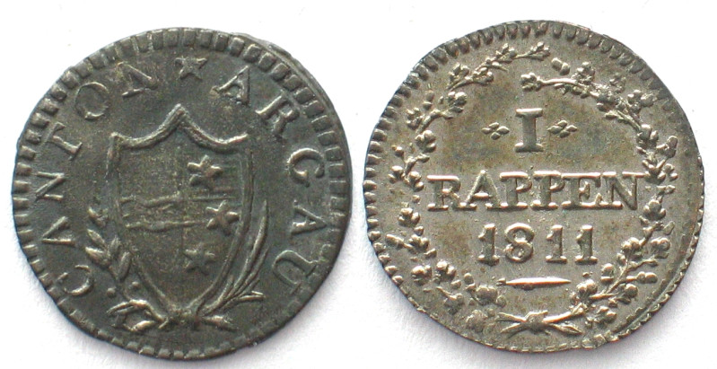 AARGAU. Kanton. Rappen 1811, Billon, Prachtstück!
HMZ 2-27c. unz/stgl (UNC/BU)