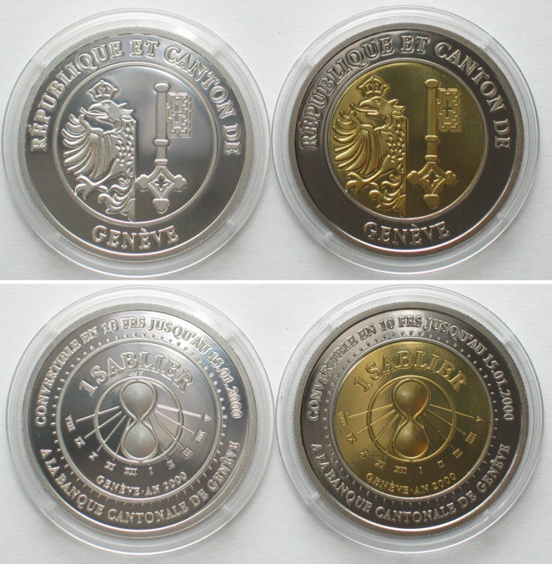 GENEVE / GENF. 1 Sablier (10 Swiss Francs) 2000, local coinage, silver & bi-meta...