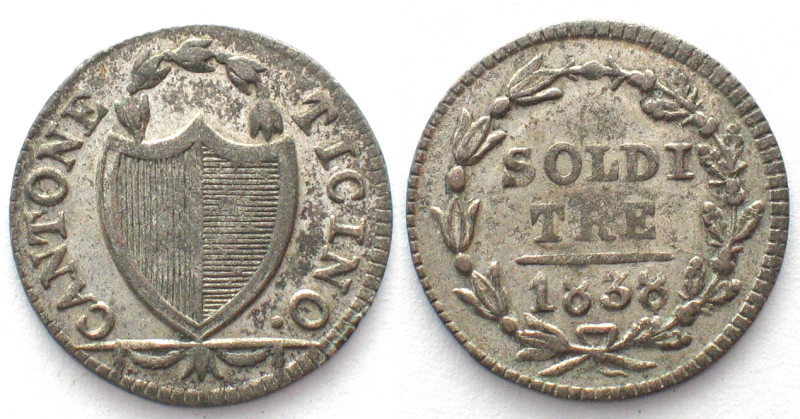 TESSIN / TICINO. 3 Soldi 1838, Billon, Erhaltung!
HMZ 2-928d. Felder mit schöne...