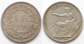 SWITZERLAND. 1 Franc 1851 A, Seated Helvetia, silver, AU!
EIDGENOSSENSCHAFT. 1 Franken 1851 A, Sitzende Helvetia, Silber, f.unz! HMZ 2-1203b.