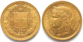 SWITZERLAND. 20 Francs 1886 HELVETIA, gold UNC!
HMZ 2-1194b. Material: Gold Gewicht: 6,45 g Feingehalt: 900 ‰ (Feingewicht 5,81 g)