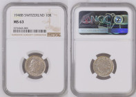 SWITZERLAND. 10 Rappen 1948, Cu-Ni, NGC MS 63
HMZ 2-1210ddd, MS 63 entspricht dem Erhaltungsgrad "unz"