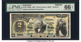 Argentina Banco Provincial 2 Pesos 1.5.1885 Pick S768fp Front Proof PMG Gem Uncirculated 66 EPQ. Four POCs are present on this example. 

HID098012420...