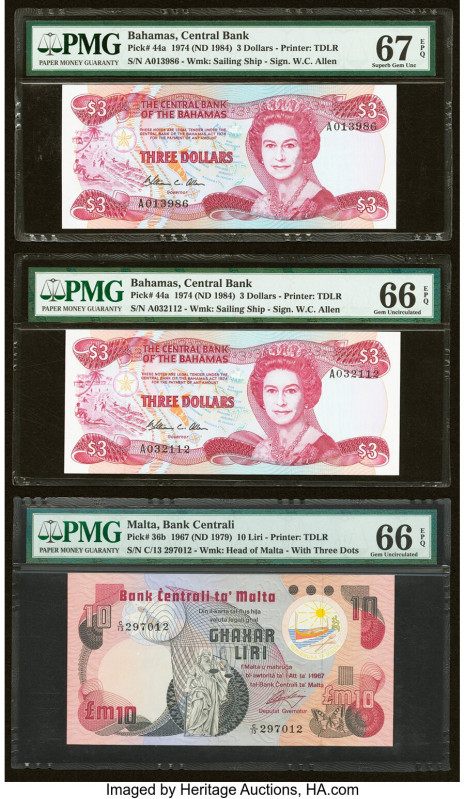 Bahamas Central Bank 3 Dollars 1974 (ND 1984) Pick 44a Two Examples PMG Gem Unci...