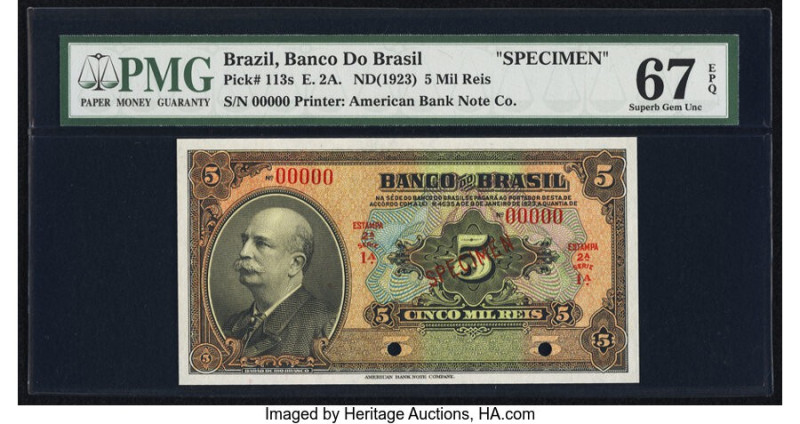 Brazil Banco do Brasil 5 Mil Reis 8.1.1923 Pick 113s Specimen PMG Superb Gem Unc...