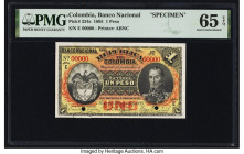 Colombia Banco Nacional de la Republica de Colombia 1 Peso 4.3.1895 Pick 234s Specimen PMG Gem Uncirculated 65 EPQ. Two POCs are present on this examp...