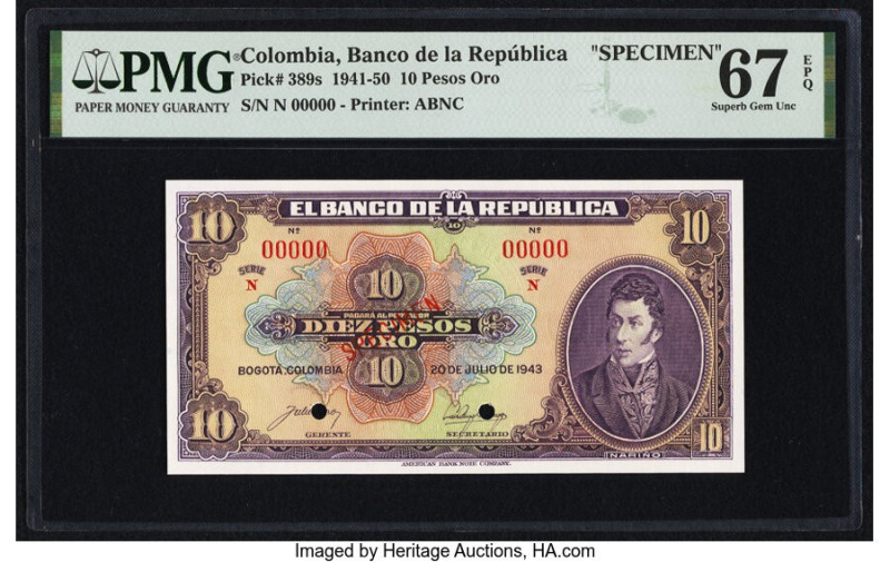 Colombia Banco de la Republica 10 Pesos Oro 20.7.1943 Pick 389s Specimen PMG Sup...