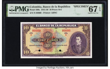 Colombia Banco de la Republica 10 Pesos Oro 20.7.1943 Pick 389s Specimen PMG Superb Gem Unc 67 EPQ. Two POCs are present on this example. 

HID0980124...