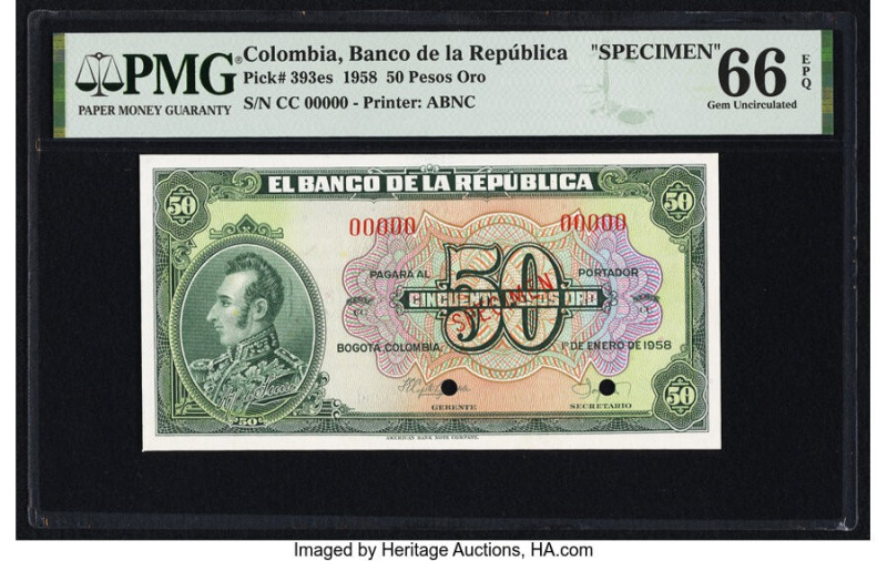 Colombia Banco de la Republica 50 Pesos Oro 1.1.1958 Pick 393es Specimen PMG Gem...