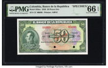 Colombia Banco de la Republica 50 Pesos Oro 1.1.1958 Pick 393es Specimen PMG Gem Uncirculated 66 EPQ. Two POCs are present on this example. 

HID09801...