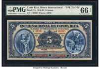 Costa Rica Banco Internacional de Costa Rica 5 Colones ND (1919-30) Pick 174s Specimen PMG Gem Uncirculated 66 EPQ. Three POCs are present on this exa...