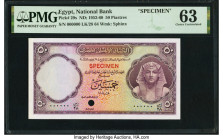 Egypt National Bank of Egypt 50 Piastres ND (1952-60) Pick 29s Specimen PMG Choice Uncirculated 63. Previously mounted and cancelled with one punch ho...