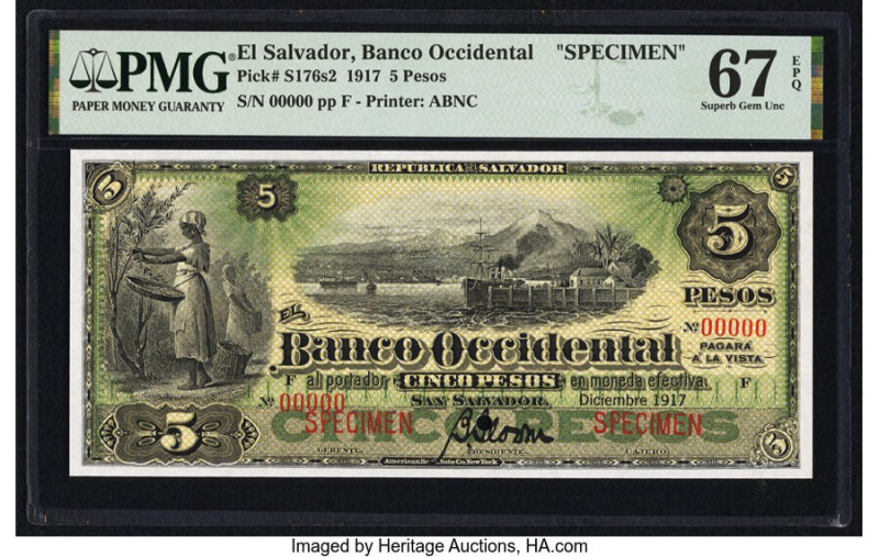 El Salvador Banco Occidental 5 Pesos 12.1917 Pick S176s2 Specimen PMG Superb Gem...