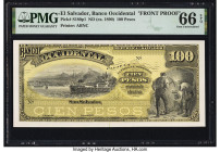 El Salvador Banco Occidental 100 Pesos ND (ca. 1890) Pick S180p1 Front Proof PMG Gem Uncirculated 66 EPQ. Printer's annotations are noted on this exam...