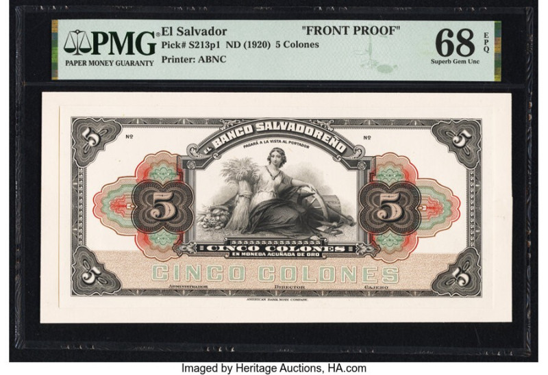 El Salvador Banco Salvadoreno 5 Colones ND (1920) Pick S213p1 Front Proof PMG Su...
