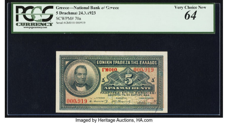 Greece National Bank of Greece 5 Drachmai 24.3.1923 Pick 70a PCGS Very Choice Ne...