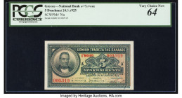 Greece National Bank of Greece 5 Drachmai 24.3.1923 Pick 70a PCGS Very Choice New 64. A fuzzy back image is noted. 

HID09801242017

© 2022 Heritage A...