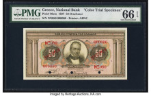 Greece National Bank of Greece 50 Drachmai 1927 Pick 90cts Color Trial Specimen PMG Gem Uncirculated 66 EPQ. Three POCs are present on this example. 
...